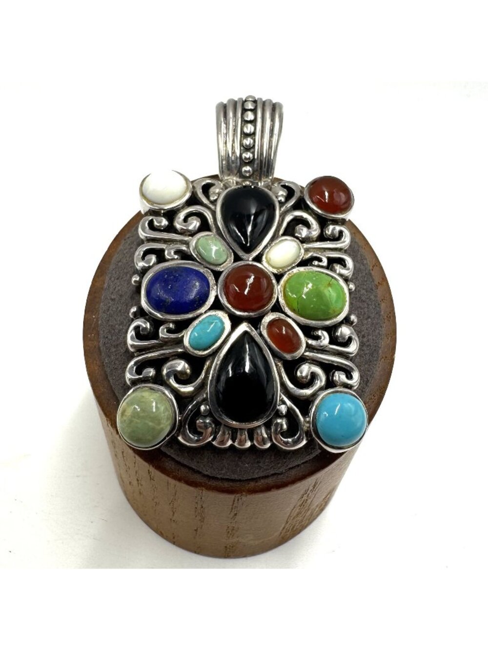 Sterling Silver 925 Multi Gemstone Rectangle Scroll Pendant Size 2" Length
